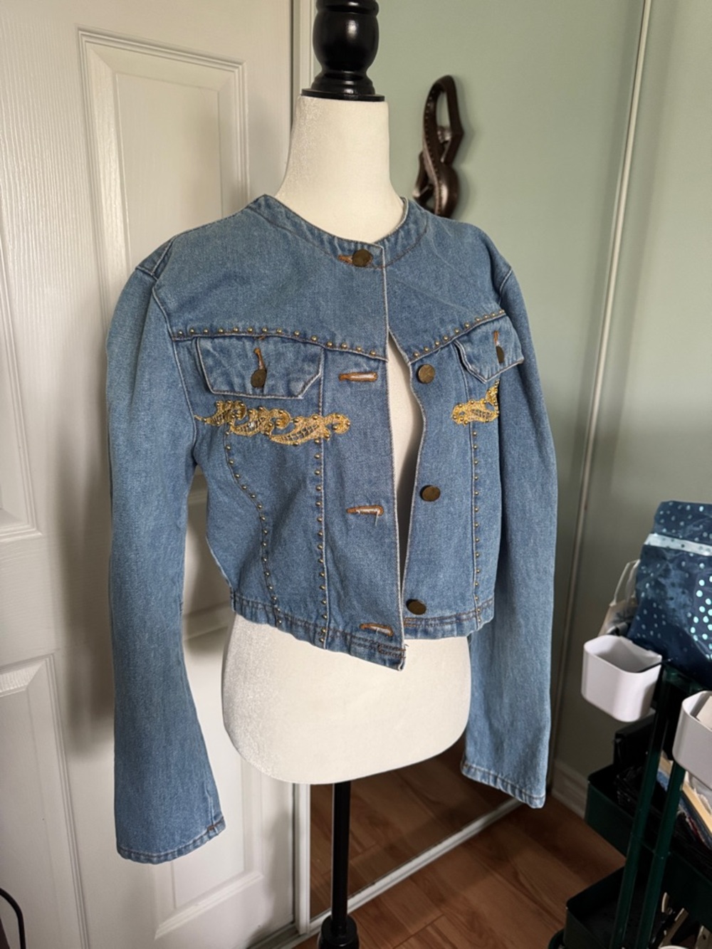 Blue Denim Cropped Jacket with Gold Embellishment